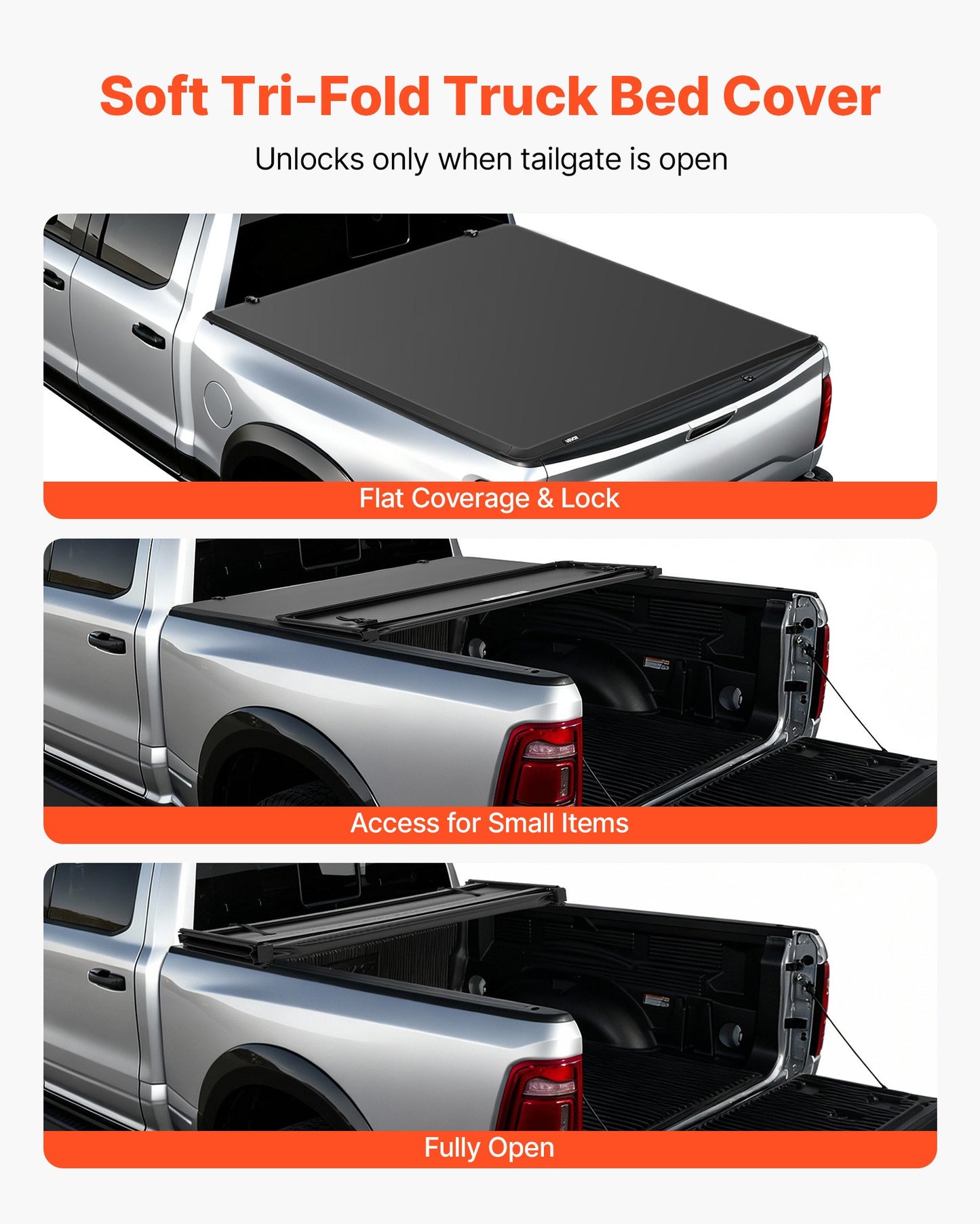 Soft Tri-Fold Truck Bed Tonneau Cover, Compatible with 2009-2025 Dodge Ram 1500 (Incl. Classic & New) 5.7 ft (67.4 in) Bed, Fleetside Without Rambox, Split Tailgate, and Track System, Waterproof