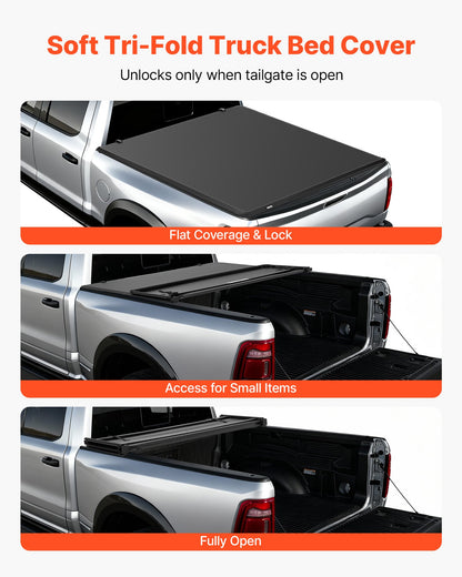 Soft Tri-Fold Truck Bed Tonneau Cover, Compatible with 2009-2025 Dodge Ram 1500 (Incl. Classic & New) 5.7 ft (67.4 in) Bed, Fleetside Without Rambox, Split Tailgate, and Track System, Waterproof