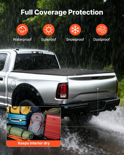Soft Tri-Fold Truck Bed Tonneau Cover, Compatible with 2009-2025 Dodge Ram 1500 (Incl. Classic & New) 5.7 ft (67.4 in) Bed, Fleetside Without Rambox, Split Tailgate, and Track System, Waterproof