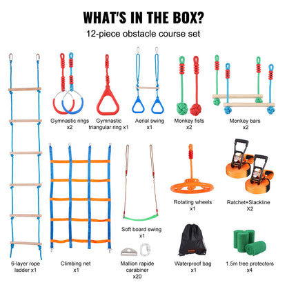 2x50 fot Ninja Warrior hinderbana för barn utomhus Slackline 12 hinder
