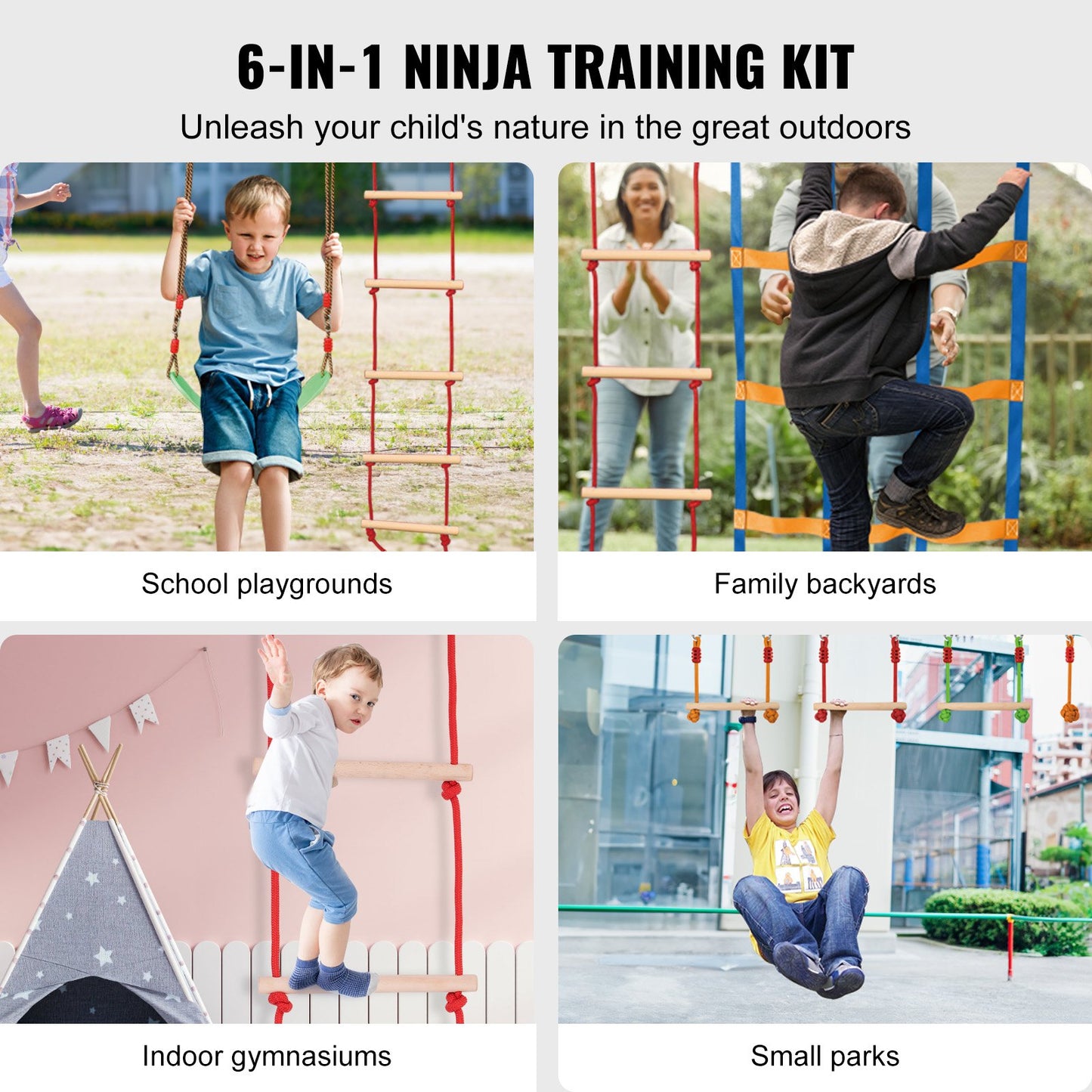 Ninja Warrior Hindernisparcours für Kinder, 15,24 m wetterfeste Slacklines, 500 lbs Gewichtskapazität Monkey Line, Outdoor-Spielgeräte, Hinterhof-Spielzeug, Trainingsgeräte-Set mit 10 Hindernissen
