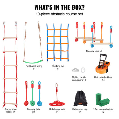 Ninja Warrior Hindernisparcours für Kinder, 15,24 m wetterfeste Slacklines, 500 lbs Gewichtskapazität Monkey Line, Outdoor-Spielgeräte, Hinterhof-Spielzeug, Trainingsgeräte-Set mit 10 Hindernissen