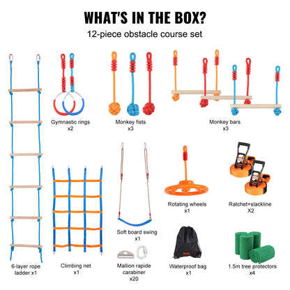 2x56 ft Ninja Warrior Hindernisparcours für Kinder Outdoor Slackline 12 Hindernisse