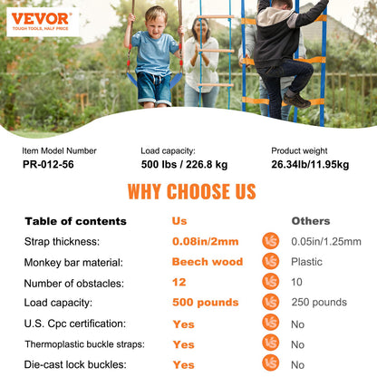 2x56 ft Ninja Warrior Hindernisparcours für Kinder Outdoor Slackline 12 Hindernisse