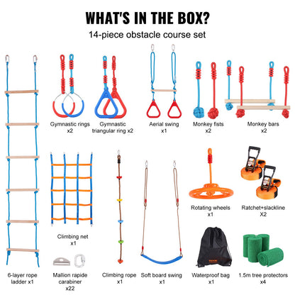 2x60 fot Ninja Warrior hinderbana för barn utomhus Slackline 14 hinder