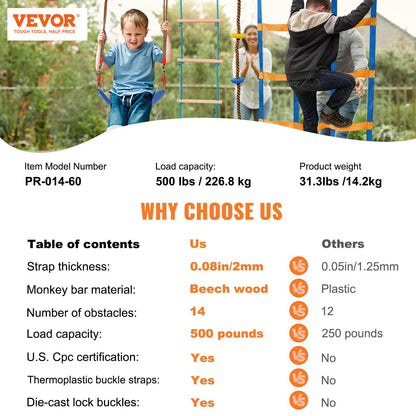 2x60 fot Ninja Warrior hinderbana för barn utomhus Slackline 14 hinder