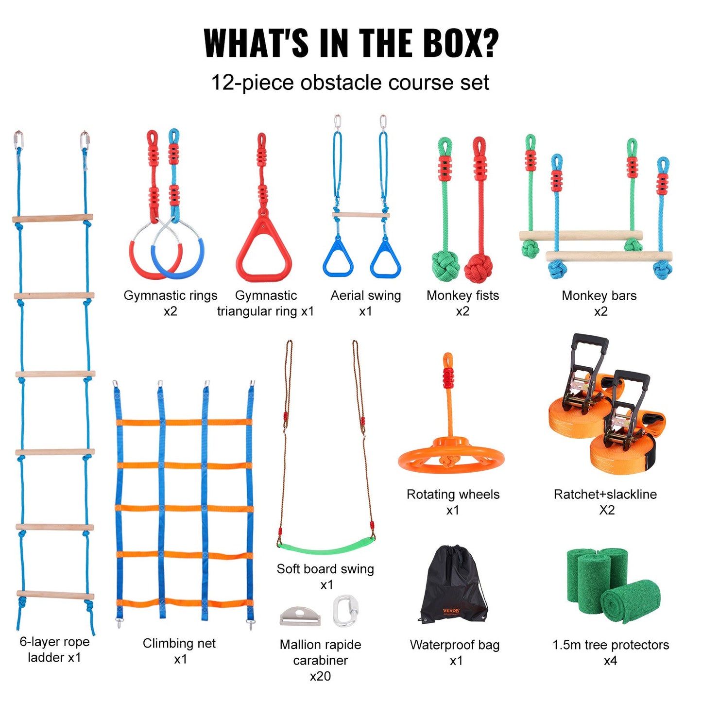 2x65 Fuß Ninja Warrior Hindernisparcours für Kinder Outdoor Slackline 12 Hindernisse