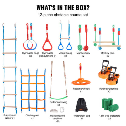 2x65 Fuß Ninja Warrior Hindernisparcours für Kinder Outdoor Slackline 12 Hindernisse