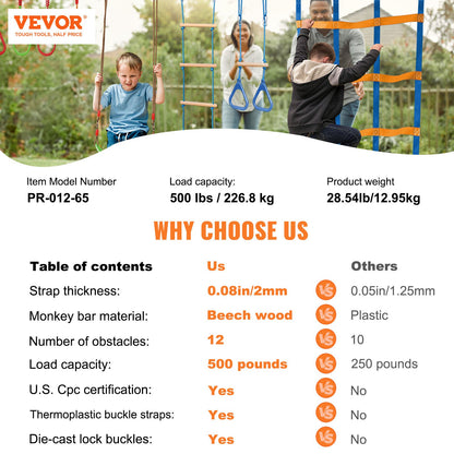 2x65 Fuß Ninja Warrior Hindernisparcours für Kinder Outdoor Slackline 12 Hindernisse