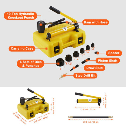 Hydraulic Knockout Punch Kit, 10 Ton 1/2" to 2" Conduit Hole Cutter Set, KO Tool Kits with Puncher 6 Piece, Metal Sheet Driver Tools, For Aluminum, Stainless Steel, Brass, Fiberglass and Plastic