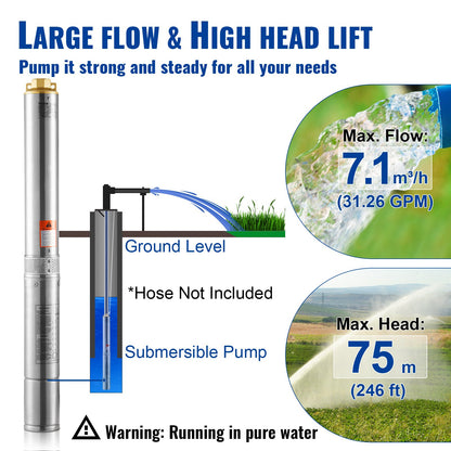 Submersible pump with deep well in stainless steel water pump 750W 230V 7.1 m³/h