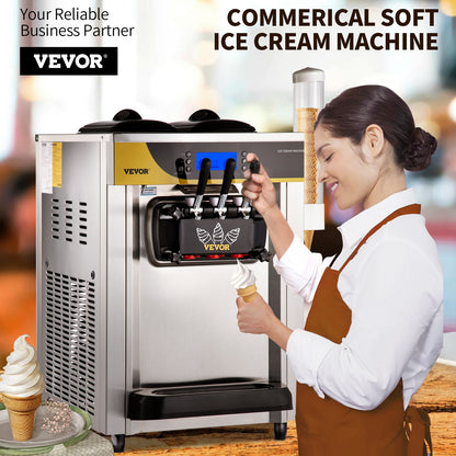 Kommerzielle Eismaschine, 22–30 l/h Kapazität, 2200 W, Softeismaschine für die Arbeitsplatte mit 2 x 6 l Trichter, 2 l Zylinder, LCD-Bildschirm, Alarm bei Puffmangel, Frozen-Yogurt-Maker für Restaurant-Snackbar, Silber