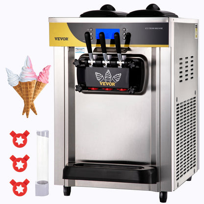 Kommerzielle Eismaschine, 22–30 l/h Kapazität, 2200 W, Softeismaschine für die Arbeitsplatte mit 2 x 6 l Trichter, 2 l Zylinder, LCD-Bildschirm, Alarm bei Puffmangel, Frozen-Yogurt-Maker für Restaurant-Snackbar, Silber