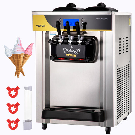 Kommerzielle Eismaschine, 22–30 l/h Kapazität, 2200 W, Softeismaschine für die Arbeitsplatte mit 2 x 6 l Trichter, 2 l Zylinder, LCD-Bildschirm, Alarm bei Puffmangel, Frozen-Yogurt-Maker für Restaurant-Snackbar, Silber