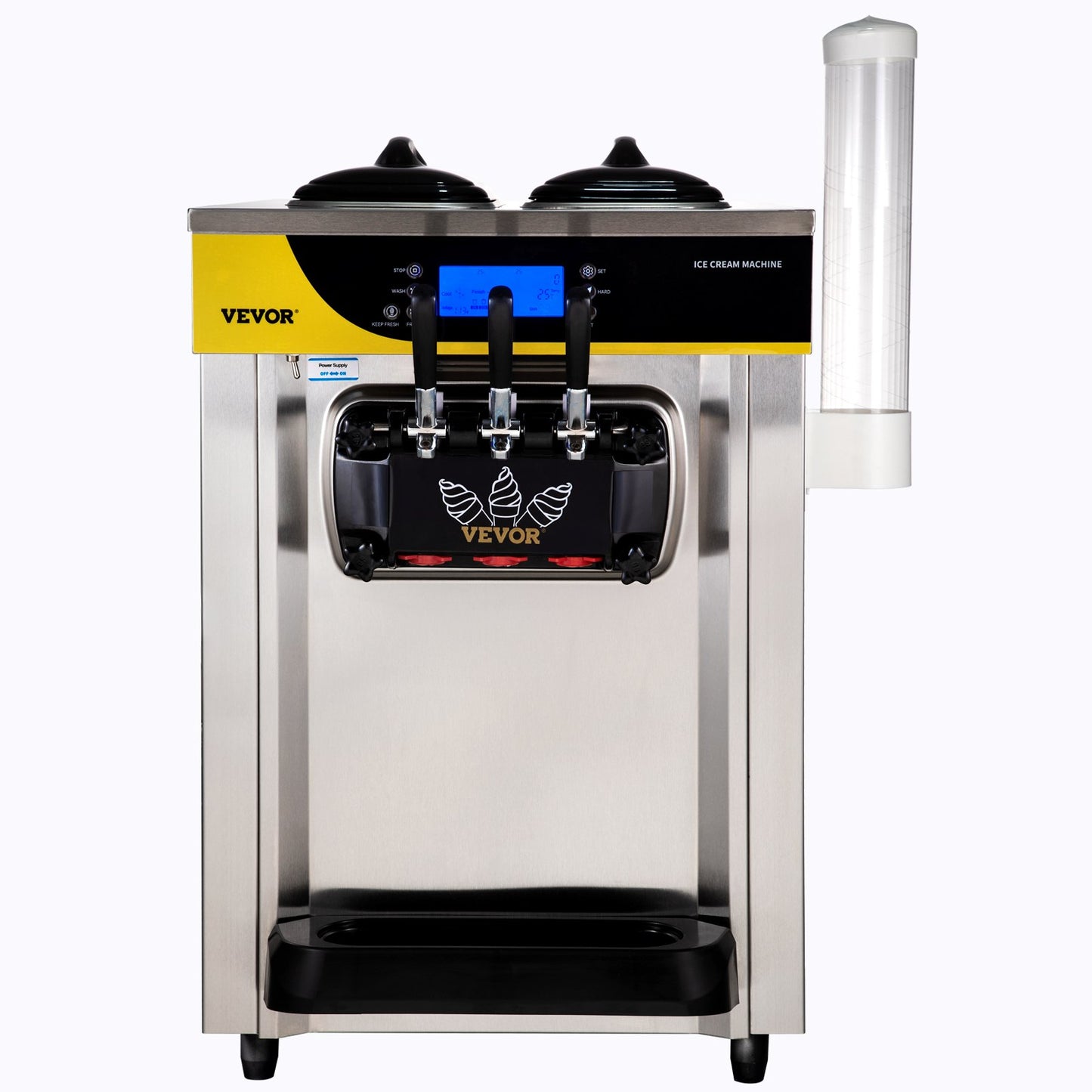 Kommerzielle Eismaschine, 22–30 l/h Kapazität, 2200 W, Softeismaschine für die Arbeitsplatte mit 2 x 6 l Trichter, 2 l Zylinder, LCD-Bildschirm, Alarm bei Puffmangel, Frozen-Yogurt-Maker für Restaurant-Snackbar, Silber