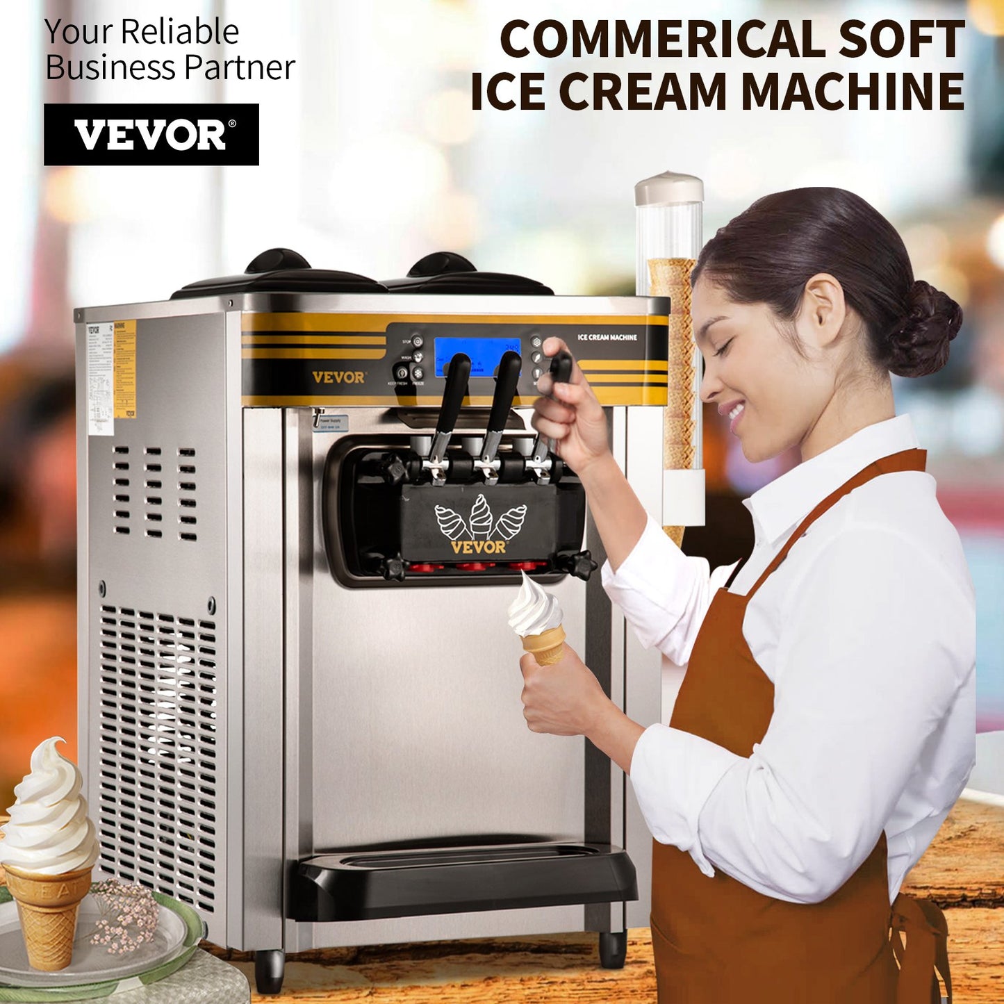 Kommerzielle Eismaschine, 22–30 l/h Kapazität, 2350 W, Softeismaschine für die Arbeitsplatte mit 2 x 6 l Trichter, 2 l Zylinder, LCD-Bildschirm, Alarm bei Puffmangel, Frozen-Yogurt-Maker für Restaurant-Snackbar, Silber