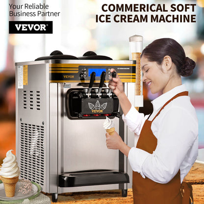 Kommerzielle Eismaschine, 22–30 l/h Kapazität, 2350 W, Softeismaschine für die Arbeitsplatte mit 2 x 6 l Trichter, 2 l Zylinder, LCD-Bildschirm, Alarm bei Puffmangel, Frozen-Yogurt-Maker für Restaurant-Snackbar, Silber