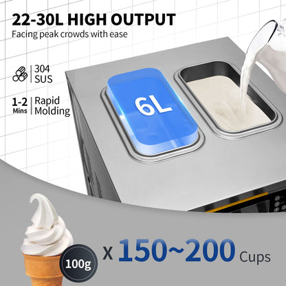 Kommerzielle Eismaschine, 22–30 l/h Kapazität, 2350 W, Softeismaschine für die Arbeitsplatte mit 2 x 6 l Trichter, 2 l Zylinder, LCD-Bildschirm, Alarm bei Puffmangel, Frozen-Yogurt-Maker für Restaurant-Snackbar, Silber