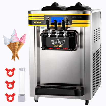Kommerzielle Eismaschine, 22–30 l/h Kapazität, 2350 W, Softeismaschine für die Arbeitsplatte mit 2 x 6 l Trichter, 2 l Zylinder, LCD-Bildschirm, Alarm bei Puffmangel, Frozen-Yogurt-Maker für Restaurant-Snackbar, Silber
