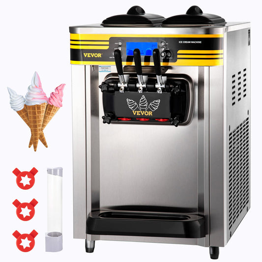 Kommerzielle Eismaschine, 22–30 l/h Kapazität, 2350 W, Softeismaschine für die Arbeitsplatte mit 2 x 6 l Trichter, 2 l Zylinder, LCD-Bildschirm, Alarm bei Puffmangel, Frozen-Yogurt-Maker für Restaurant-Snackbar, Silber