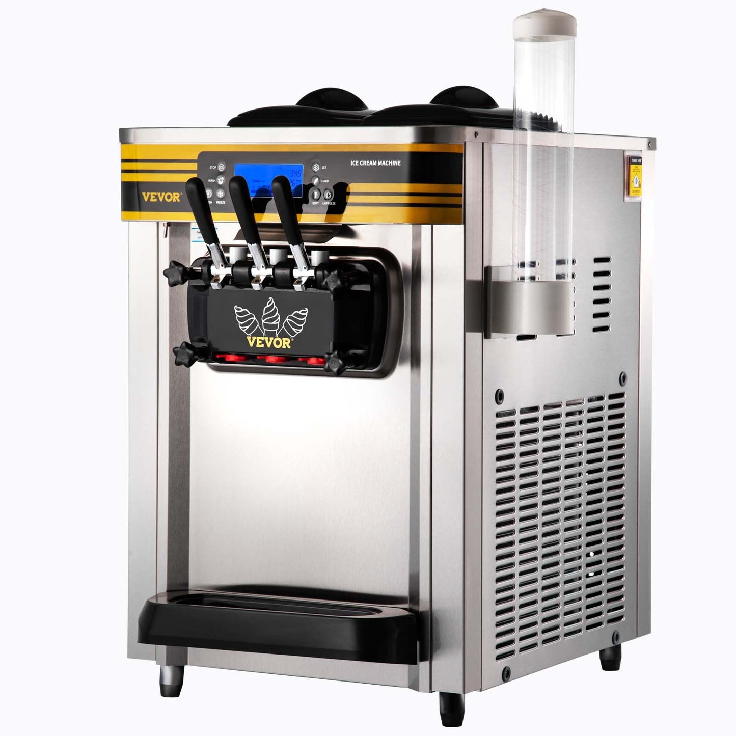 Kommerzielle Eismaschine, 22–30 l/h Kapazität, 2350 W, Softeismaschine für die Arbeitsplatte mit 2 x 6 l Trichter, 2 l Zylinder, LCD-Bildschirm, Alarm bei Puffmangel, Frozen-Yogurt-Maker für Restaurant-Snackbar, Silber