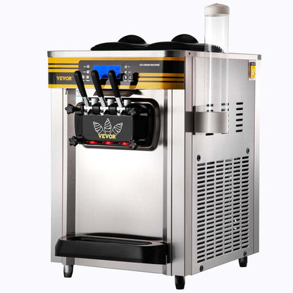Kommerzielle Eismaschine, 22–30 l/h Kapazität, 2350 W, Softeismaschine für die Arbeitsplatte mit 2 x 6 l Trichter, 2 l Zylinder, LCD-Bildschirm, Alarm bei Puffmangel, Frozen-Yogurt-Maker für Restaurant-Snackbar, Silber