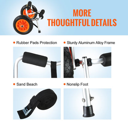 Hochleistungs-Kajakwagen, 250 Pfund Tragkraft, faltbarer Kanu-Trolleywagen mit 10-Zoll-Vollreifen, rutschfesten Stützfüßen und Zurrgurten, für Kajaks, Kanus, Paddleboards, Schwimmmatten, Jon-Boote