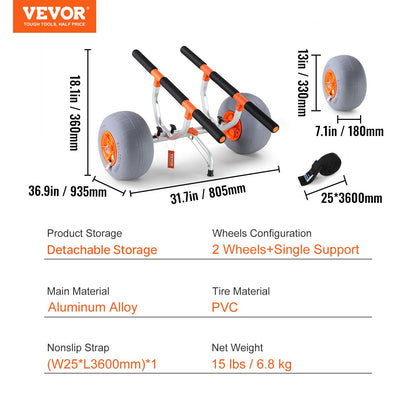 Heavy Duty Kayak Cart, Foldable Canoe Trolley Cart with 12'' Tires, Adjustable Width 6.69"-17.32",350 Lb Weight Capacity Kayak Trolley for Kayaks Canoes Paddleboards Float Mats Jon Boats