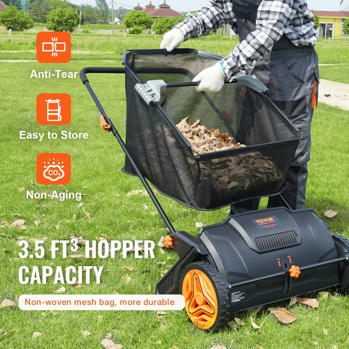 Push Lawn Sweeper, 21inch Leaf & Grass Collector, Strong Plastic Wheels & Heavy Duty Thickened Steel Durable to Use with Large Capacity 3.5 cu. ft. Mesh Collection Hopper Bag, 2 Spinning Brushes