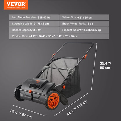 Push Lawn Sweeper, 21inch Leaf & Grass Collector, Strong Plastic Wheels & Heavy Duty Thickened Steel Durable to Use with Large Capacity 3.5 cu. ft. Mesh Collection Hopper Bag, 2 Spinning Brushes