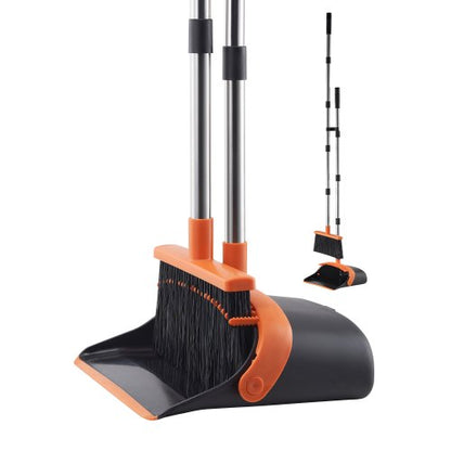Broom and Dustpan Set, Heavy Duty Dustpan and Broom Combo with Self-Cleaning Teeth, Metal Upright Standing Dust Pan with Long Handle, Ideal for Home, Restaurant, Office, Dorm, Black+Orange