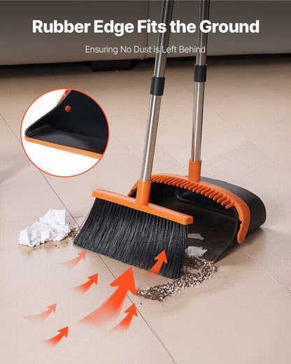 Broom and Dustpan Set, Heavy Duty Dustpan and Broom Combo with Self-Cleaning Teeth, Metal Upright Standing Dust Pan with Long Handle, Ideal for Home, Restaurant, Office, Dorm, Black+Orange