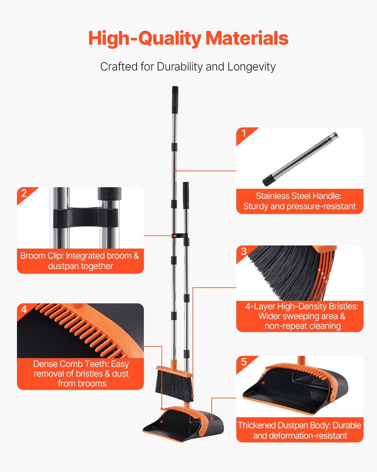 Broom and Dustpan Set, Heavy Duty Dustpan and Broom Combo with Self-Cleaning Teeth, Metal Upright Standing Dust Pan with Long Handle, Ideal for Home, Restaurant, Office, Dorm, Black+Orange