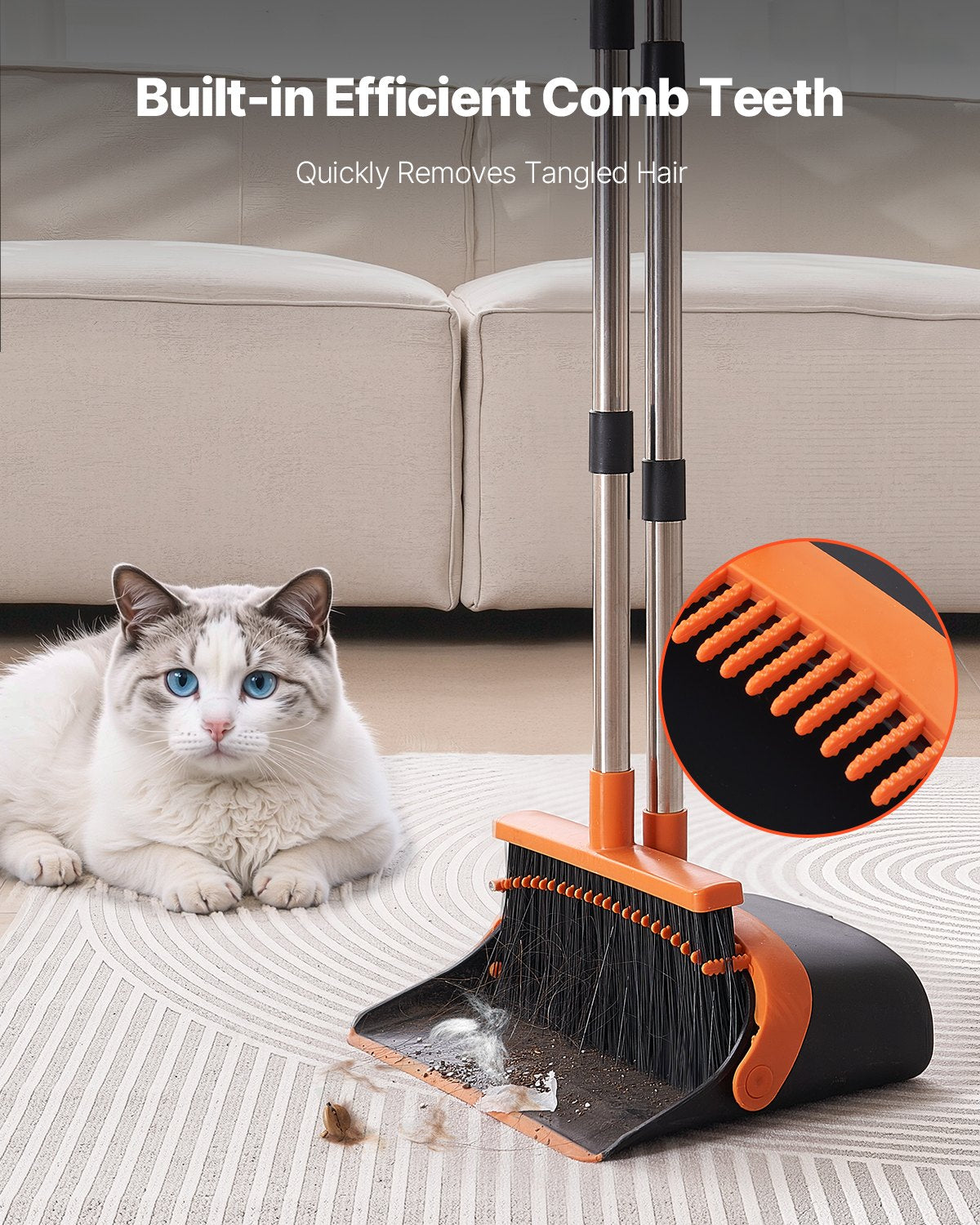Broom and Dustpan Set, Heavy Duty Dustpan and Broom Combo with Self-Cleaning Teeth, Metal Upright Standing Dust Pan with Long Handle, Ideal for Home, Restaurant, Office, Dorm, Black+Orange