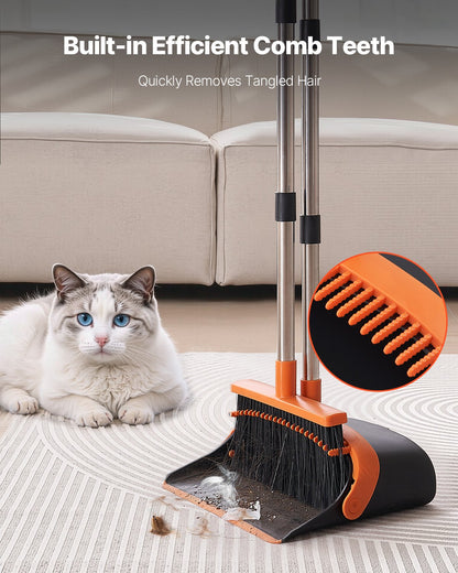 Broom and Dustpan Set, Heavy Duty Dustpan and Broom Combo with Self-Cleaning Teeth, Metal Upright Standing Dust Pan with Long Handle, Ideal for Home, Restaurant, Office, Dorm, Black+Orange