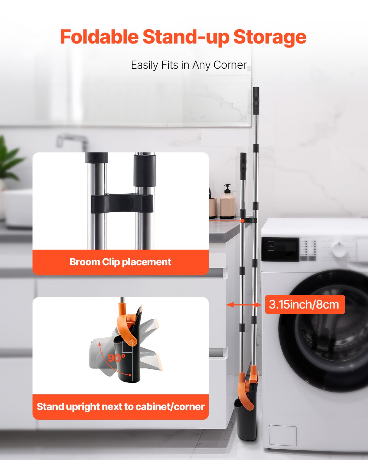 Broom and Dustpan Set, Heavy Duty Dustpan and Broom Combo with Self-Cleaning Teeth, Metal Upright Standing Dust Pan with Long Handle, Ideal for Home, Restaurant, Office, Dorm, Black+Orange