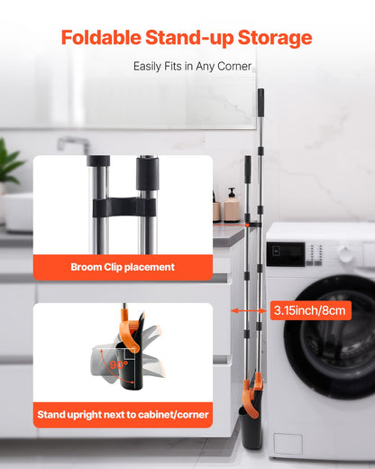 Broom and Dustpan Set, Heavy Duty Dustpan and Broom Combo with Self-Cleaning Teeth, Metal Upright Standing Dust Pan with Long Handle, Ideal for Home, Restaurant, Office, Dorm, Black+Orange