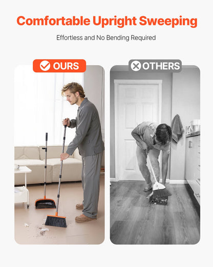 Broom and Dustpan Set, Heavy Duty Dustpan and Broom Combo with Self-Cleaning Teeth, Metal Upright Standing Dust Pan with Long Handle, Ideal for Home, Restaurant, Office, Dorm, Black+Orange