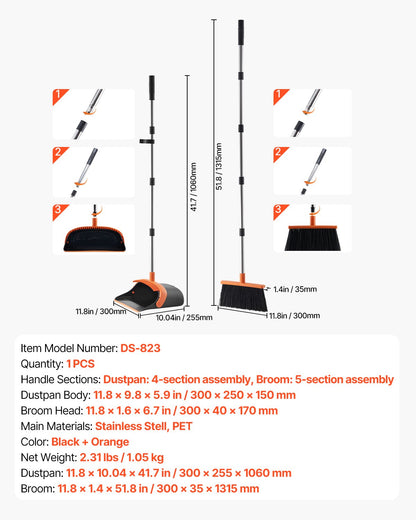 Broom and Dustpan Set, Heavy Duty Dustpan and Broom Combo with Self-Cleaning Teeth, Metal Upright Standing Dust Pan with Long Handle, Ideal for Home, Restaurant, Office, Dorm, Black+Orange