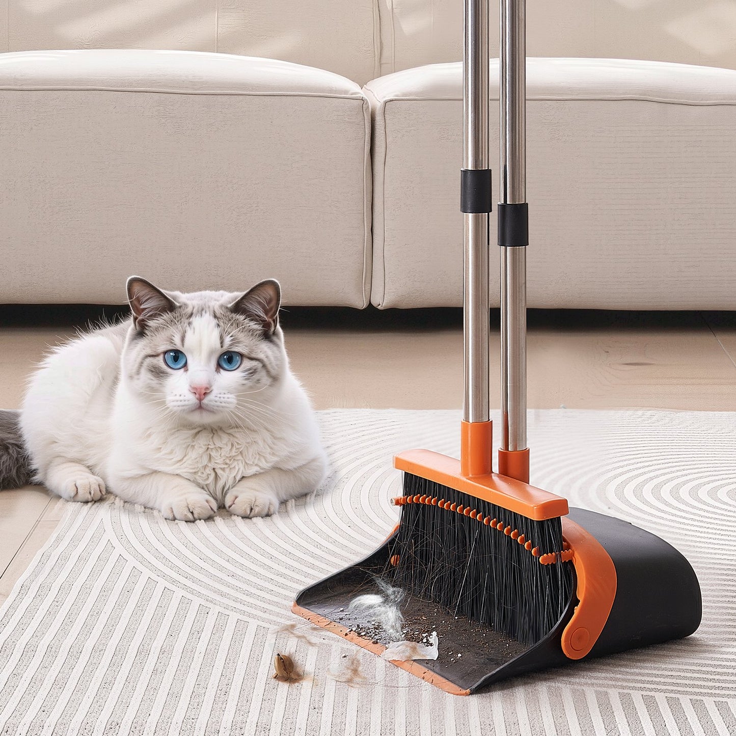 Broom and Dustpan Set, Heavy Duty Dustpan and Broom Combo with Self-Cleaning Teeth, Metal Upright Standing Dust Pan with Long Handle, Ideal for Home, Restaurant, Office, Dorm, Black+Orange