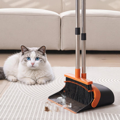 Broom and Dustpan Set, Heavy Duty Dustpan and Broom Combo with Self-Cleaning Teeth, Metal Upright Standing Dust Pan with Long Handle, Ideal for Home, Restaurant, Office, Dorm, Black+Orange