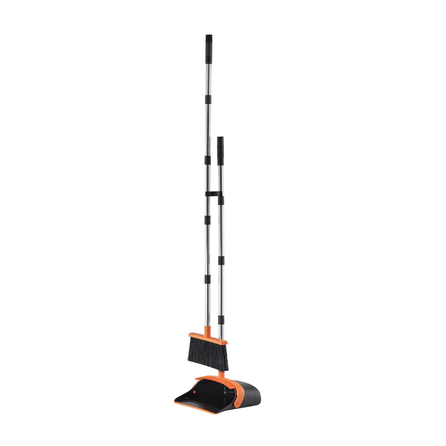Broom and Dustpan Set, Heavy Duty Dustpan and Broom Combo with Self-Cleaning Teeth, Metal Upright Standing Dust Pan with Long Handle, Ideal for Home, Restaurant, Office, Dorm, Black+Orange