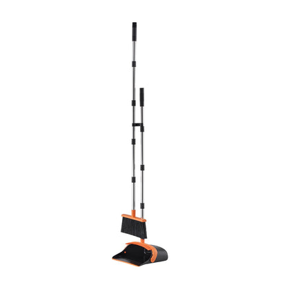 Broom and Dustpan Set, Heavy Duty Dustpan and Broom Combo with Self-Cleaning Teeth, Metal Upright Standing Dust Pan with Long Handle, Ideal for Home, Restaurant, Office, Dorm, Black+Orange