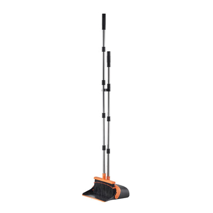 Broom and Dustpan Set, Heavy Duty Dustpan and Broom Combo with Self-Cleaning Teeth, Metal Upright Standing Dust Pan with Long Handle, Ideal for Home, Restaurant, Office, Dorm, Black+Orange