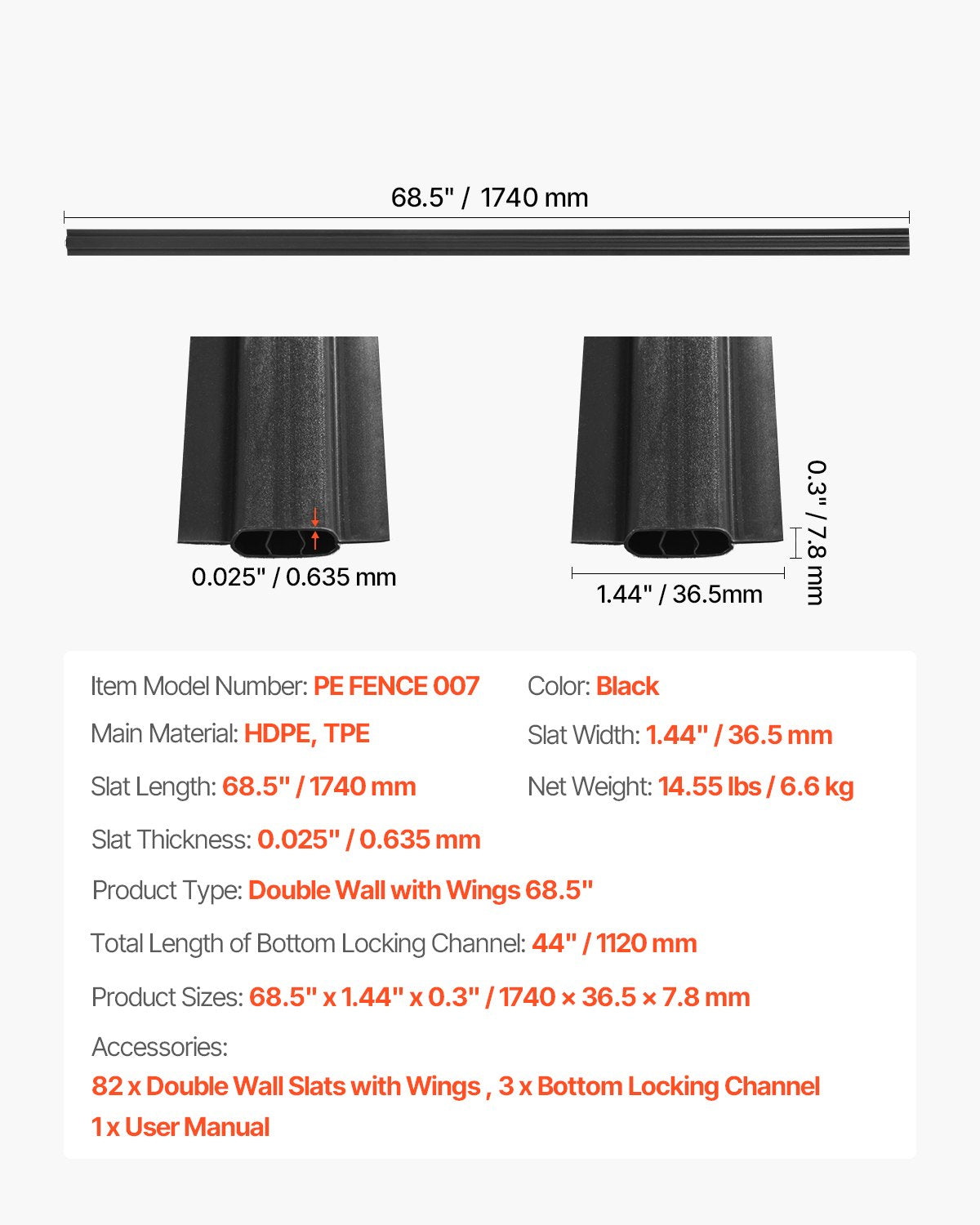 Maschendrahtzaun-Sichtschutzlamellen, Doppelwand mit Flügeln für 6' hohen Zaun