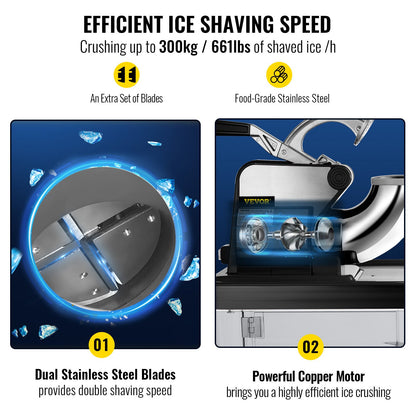 110V Commercial Ice Crusher 440LBS/H, ETL Approved 300W Electric Snow Cone Machine with Dual Blades, Stainless Steel Shaved Ice Machine with Safety On/Off Switch for Family, Restaurants, Bars