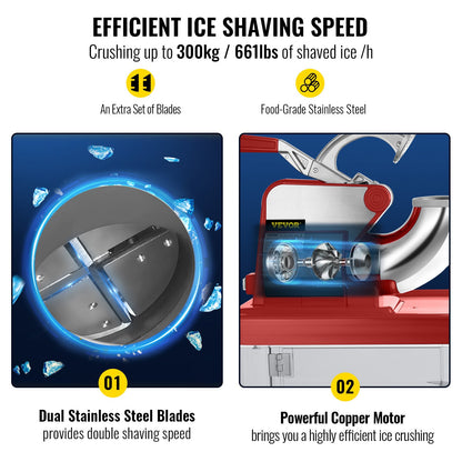 110V Commercial Ice Crusher 440LBS/H, ETL Approved 300W Electric Snow Cone Machine with Dual Blades, Stainless Steel Shaved Ice Machine with Safety On/Off Switch for Family, Restaurants, Bars