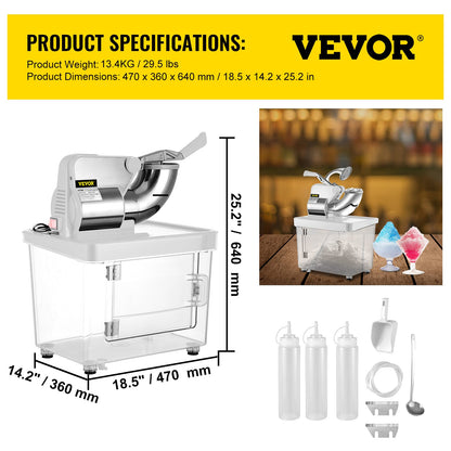 110V Commercial Ice Crusher 440LBS/H, ETL Approved 300W Electric Snow Cone Machine with Dual Blades, Stainless Steel Shaved Ice Machine with Safety On/Off Switch for Family, Restaurants, Bars