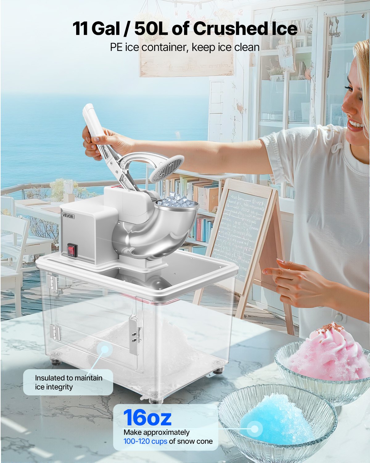 Commercial Ice Crusher 661LBS/H, 350W Electric Snow Cone Machine with 4 Blades, 1400RPM Stainless Steel Shaved Ice Machine with 11 Gal Crushed-Ice Box, for Family Restaurants Bars, White