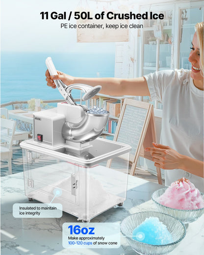 Commercial Ice Crusher 661LBS/H, 350W Electric Snow Cone Machine with 4 Blades, 1400RPM Stainless Steel Shaved Ice Machine with 11 Gal Crushed-Ice Box, for Family Restaurants Bars, White